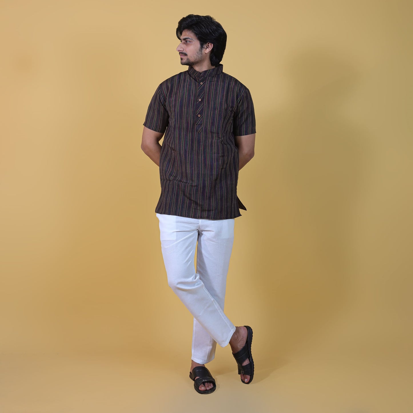 Black Breeze Striped Half Sleeves Short Kurta with White Pant Combo