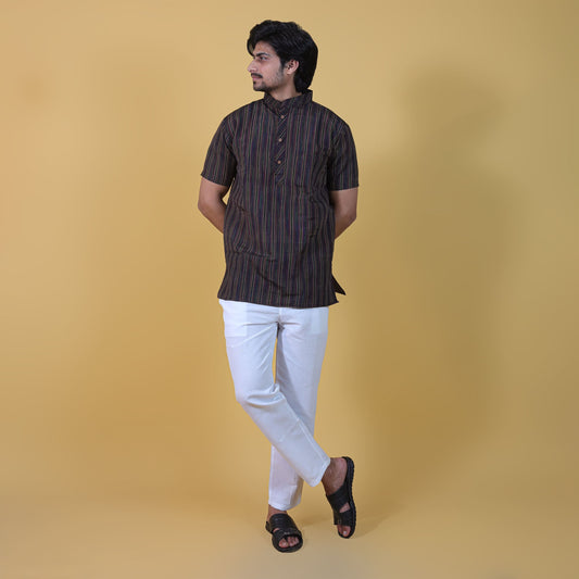 Black Breeze Striped Half Sleeves Short Kurta with White Pant Combo