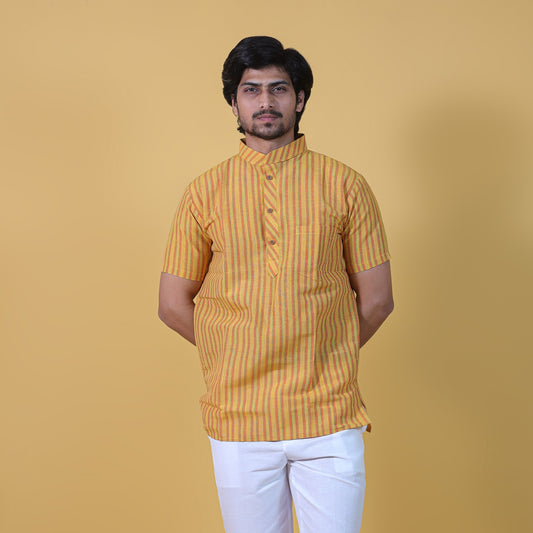 Breeze Striped Half Sleeves Short Kurta-Yellow