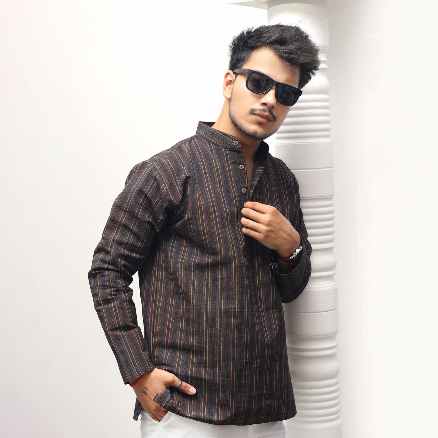 Black cotton striped short kurta stylish side pose