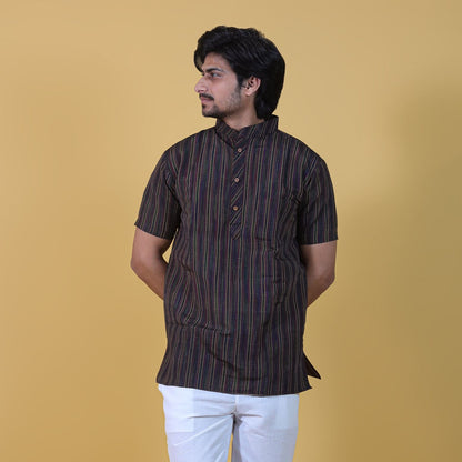 Black breeze striped half sleeves khadi short kurta front view