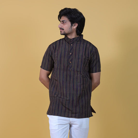 Black breeze striped half sleeves khadi short kurta front view
