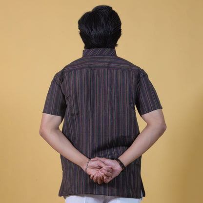 Back view of black khadi striped short kurta relaxed fit