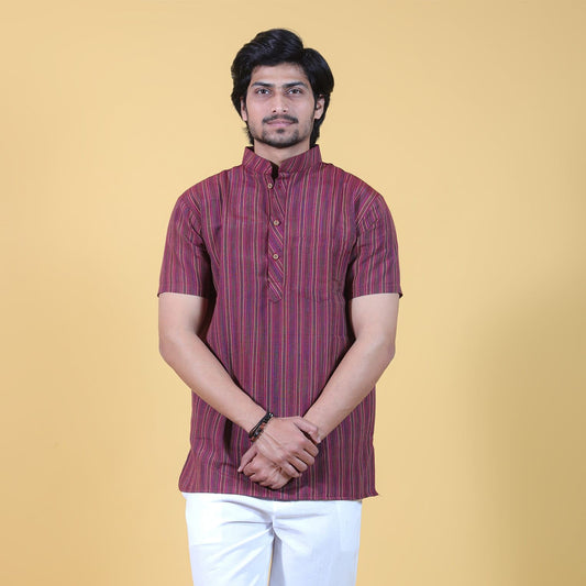 Front view of Maroon Breeze Striped Half Sleeves Khadi Short Kurta with clean mandarin collar