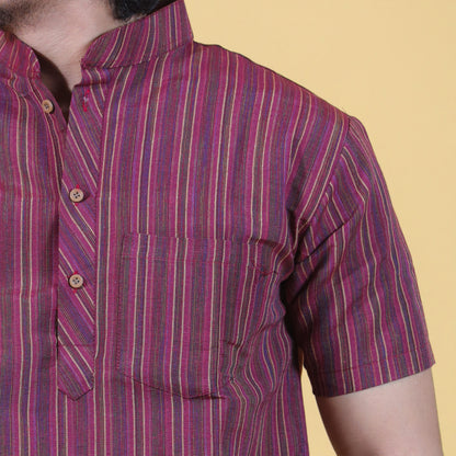 Close-up of maroon striped khadi fabric texture and button placket detail