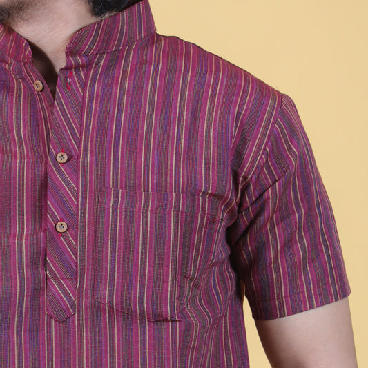 Close-up of maroon striped khadi fabric texture and button placket detail