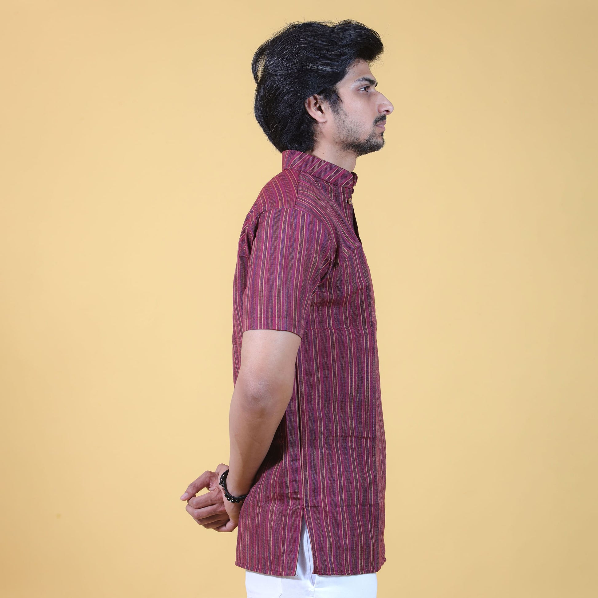 Side view of Maroon Breeze Striped Half Sleeves Khadi Short Kurta