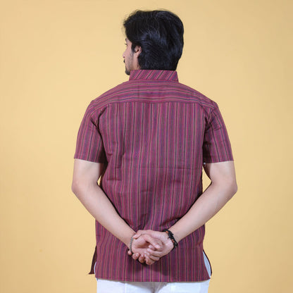 Back view of Maroon Breeze Striped Half Sleeves Khadi Short Kurta