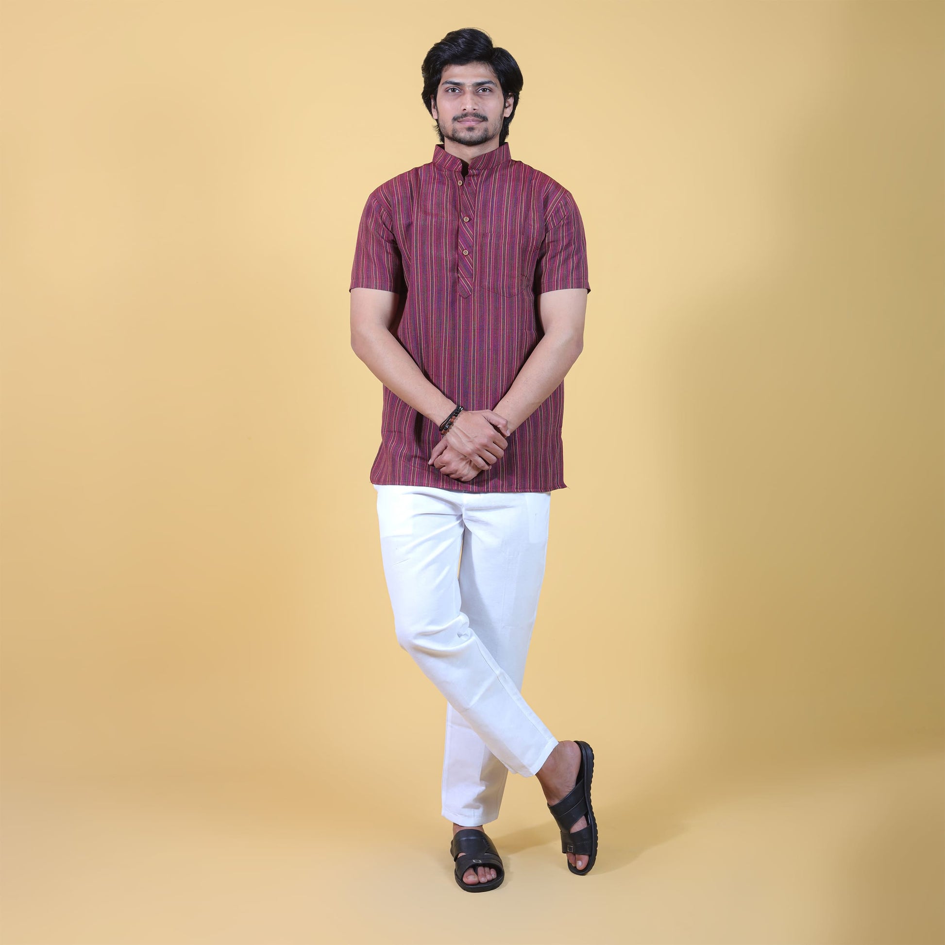 Combo Set of Maroon Breeze Striped Half Sleeves Short Kurta & Pant