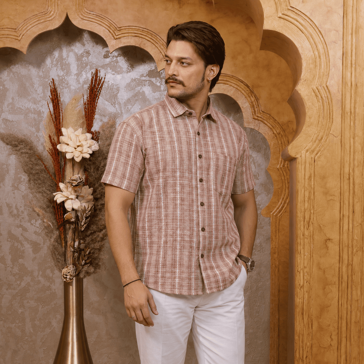 Rajwada Half Sleeves Shirt Peach