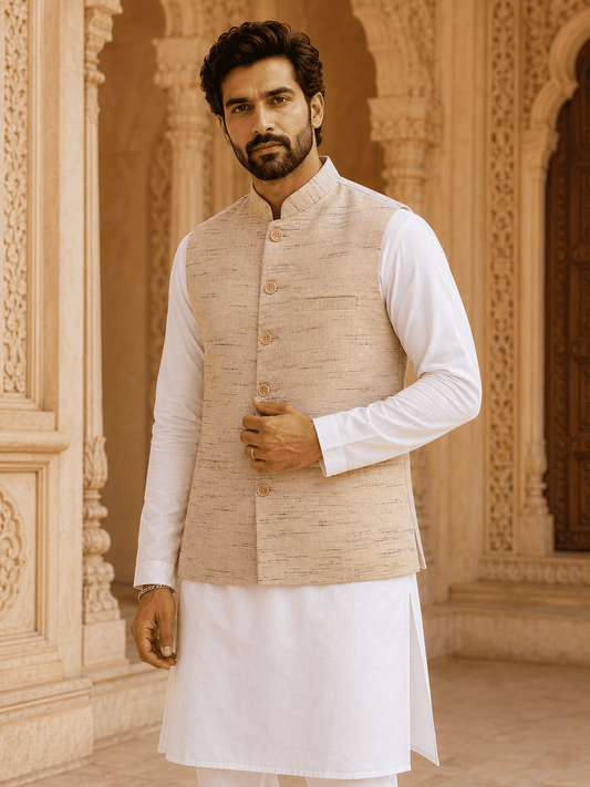 Skin Tone Khadi Cotton Bhagalpur Modi Jacket | Kargham