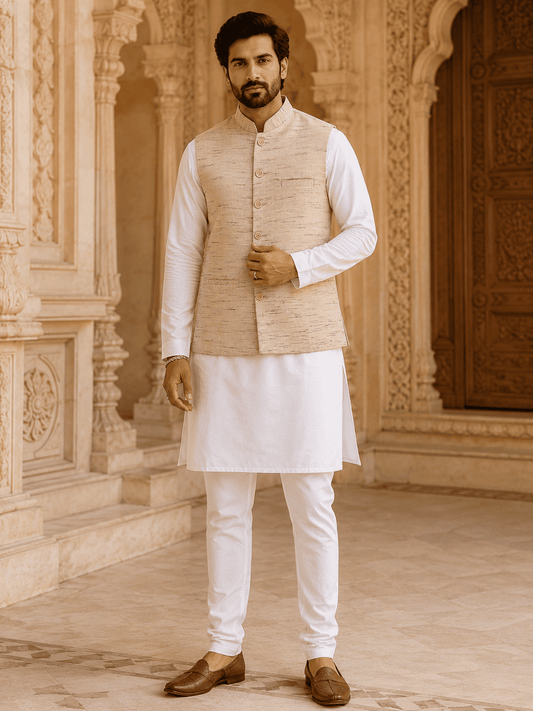 Skin Tone Khadi Cotton Bhagalpur Modi Jacket | Kargham