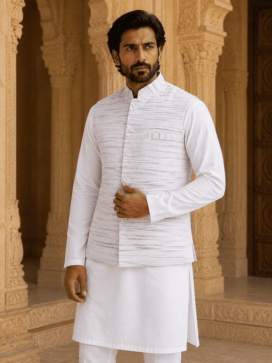Blue Pattern White Jharna Khadi Cotton Modi Jacket | Kargham