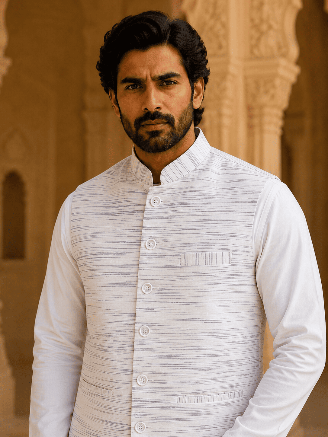 Blue Pattern White Jharna Cotton Modi Jacket | Kargham