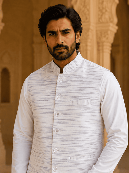 Blue Pattern White Jharna Cotton Modi Jacket | Kargham