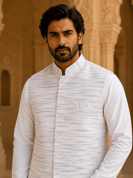 Blue Pattern White Jharna Khadi Cotton Modi Jacket | Kargham