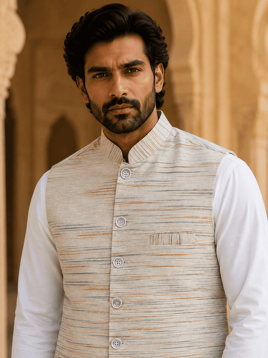 Green-Orange Pattern White Jharna Khadi Cotton Modi Jacket | Kargham