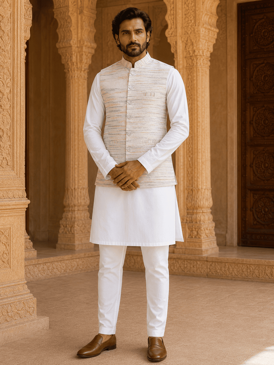 Green-Orange Pattern White Jharna Cotton Modi Jacket | Kargham