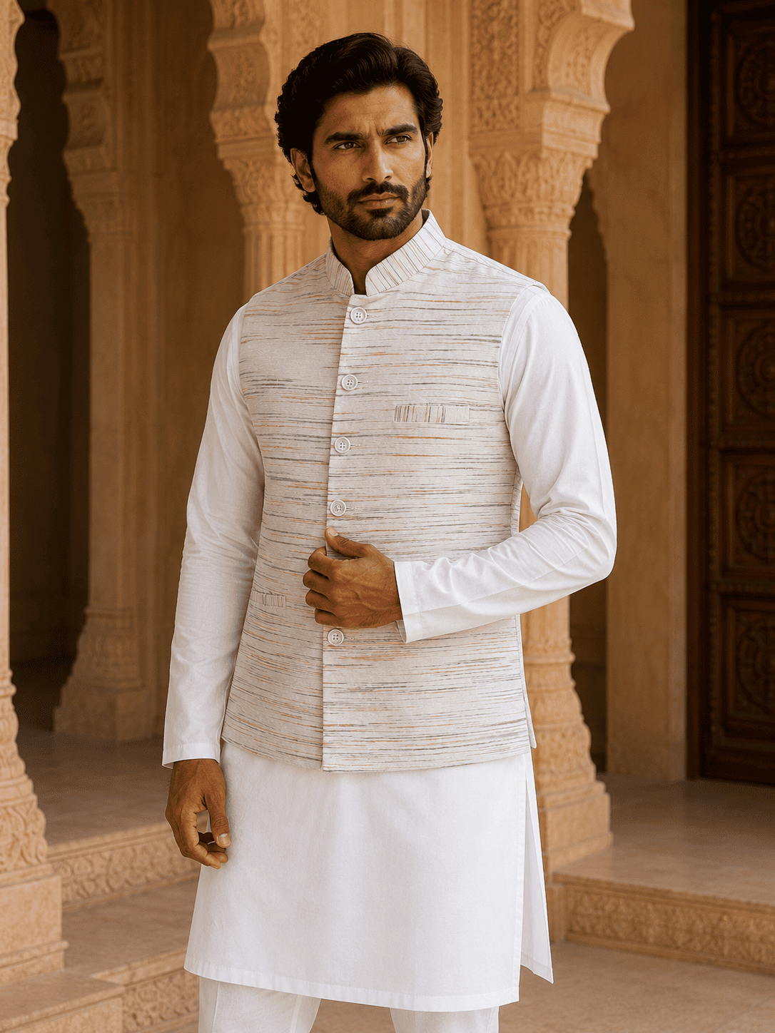 Green-Orange Pattern White Jharna Cotton Modi Jacket | Kargham