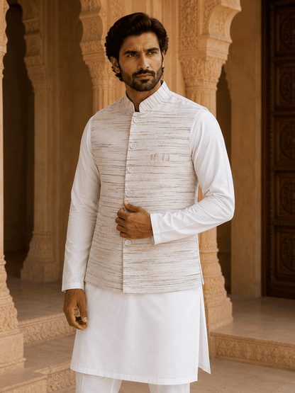 Green-Orange Pattern White Jharna Cotton Modi Jacket | Kargham