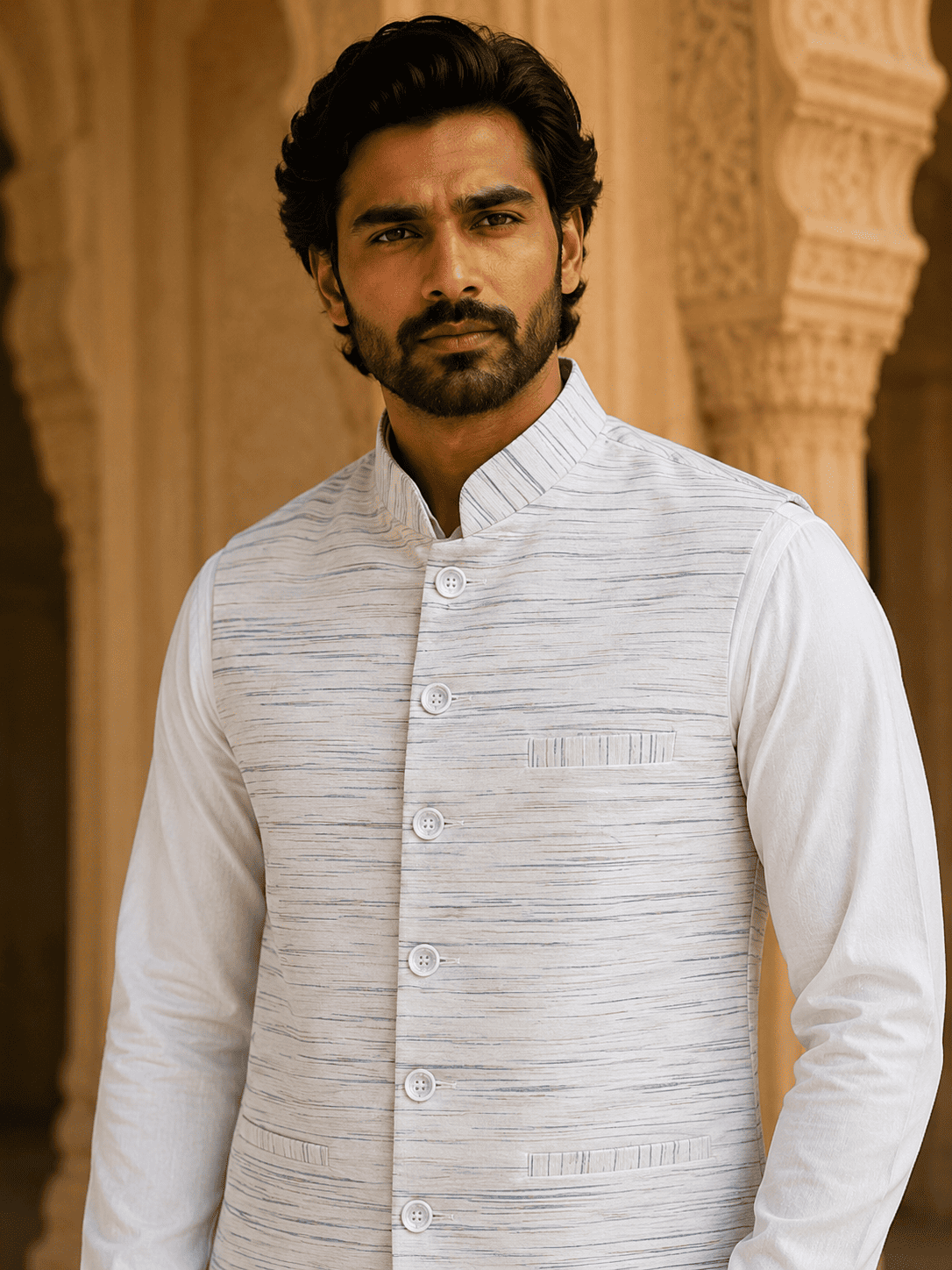 Green Pattern White Jharna Cotton Modi Jacket | Kargham