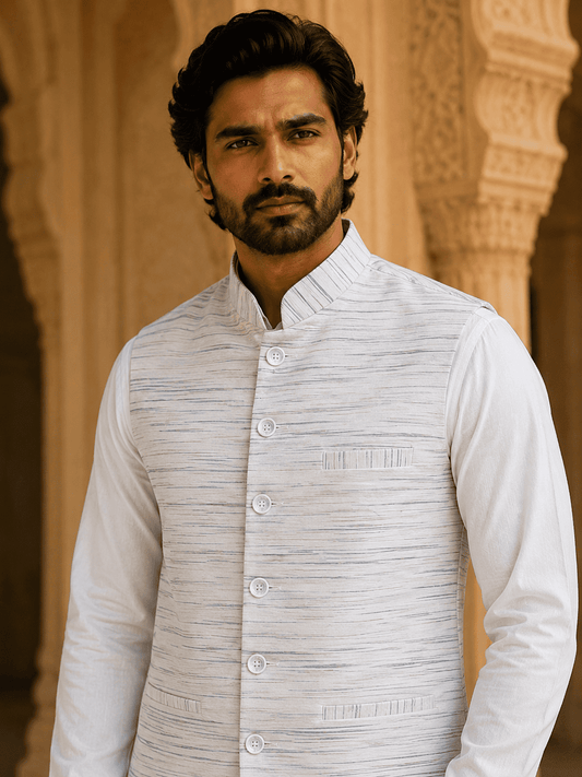Green Pattern White Jharna Khadi Cotton Modi Jacket | Kargham