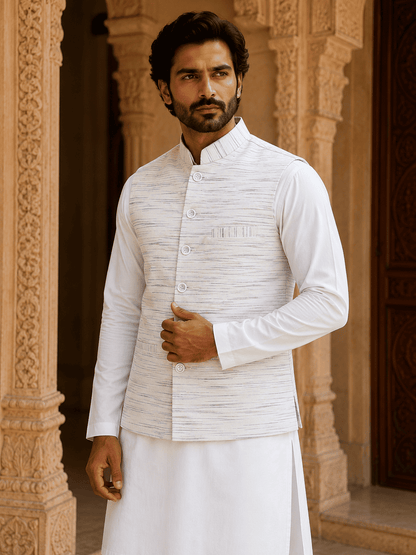 Green Pattern White Jharna Cotton Modi Jacket | Kargham