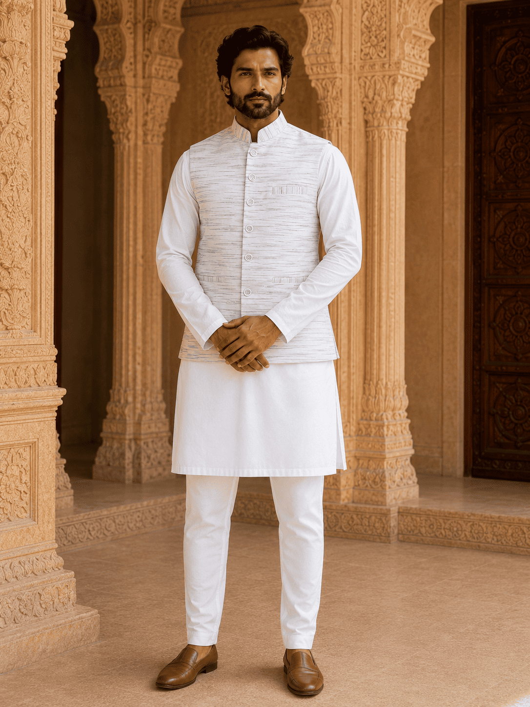 Green Pattern White Jharna Cotton Modi Jacket | Kargham