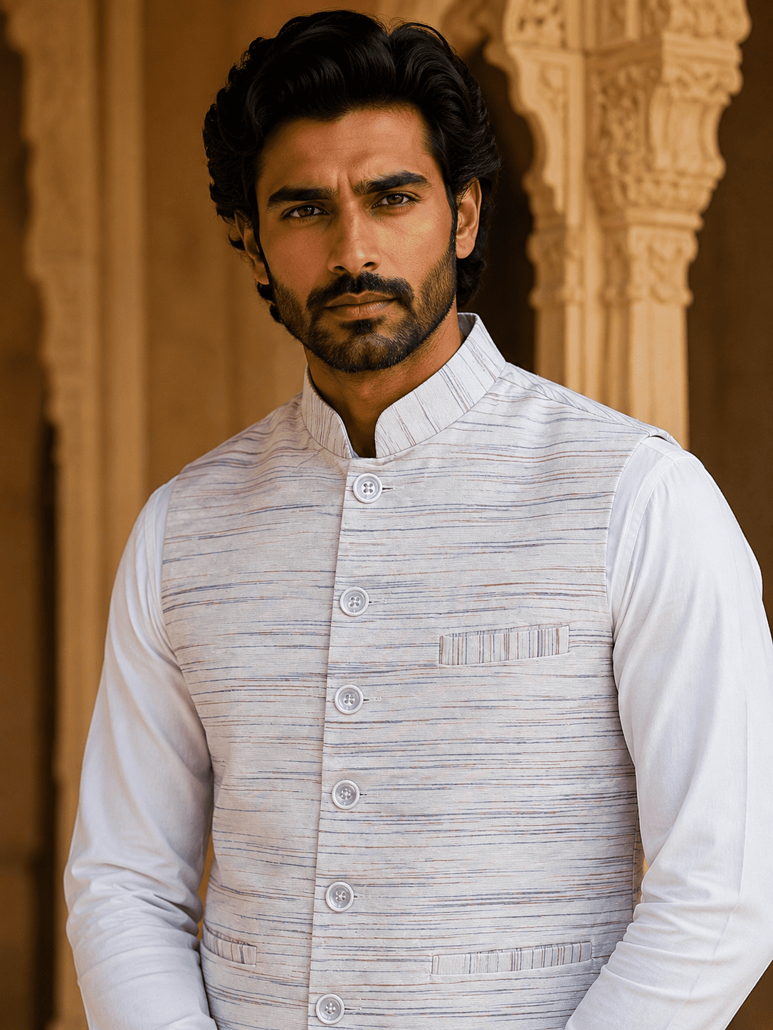 Sky Blue Pattern White Jharna Cotton Modi Jacket | Kargham