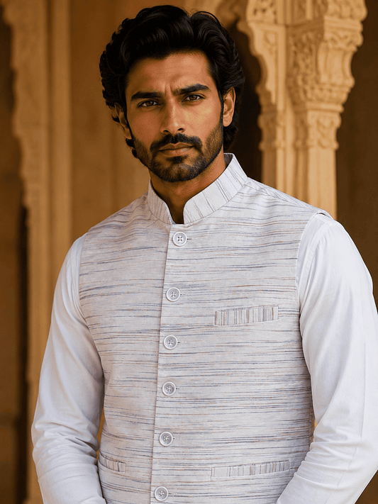 Sky Blue Pattern White Jharna Khadi Cotton Modi Jacket | Kargham