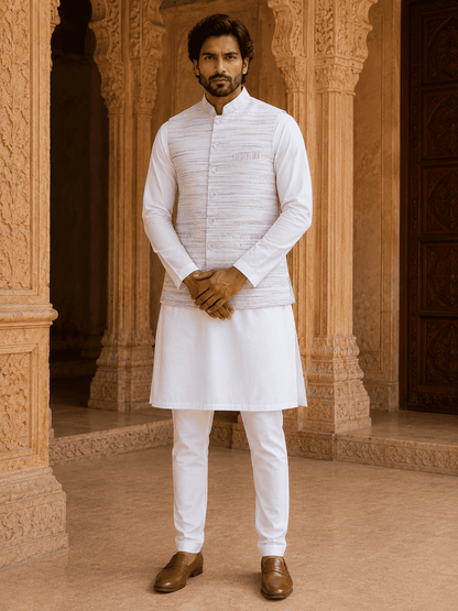 Sky Blue Pattern White Jharna Cotton Modi Jacket | Kargham