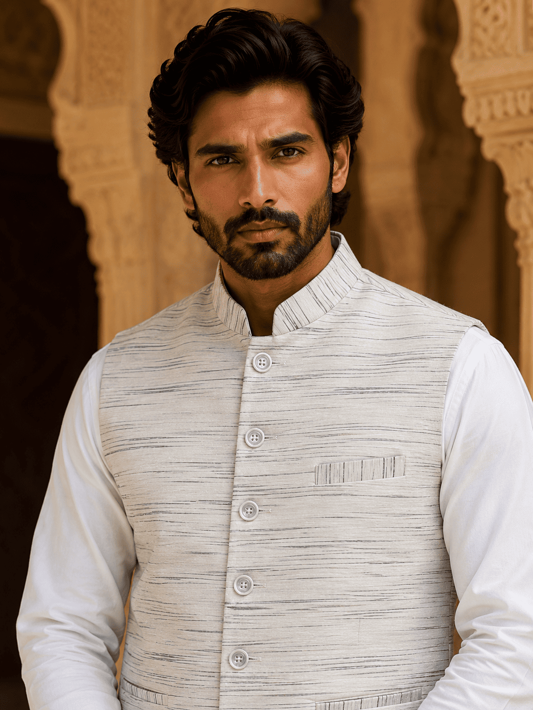 Grey Pattern White Jharna Cotton Modi Jacket | Kargham