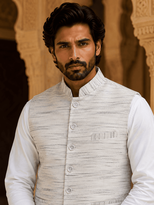Grey Pattern White Jharna Khadi Cotton Modi Jacket | Kargham