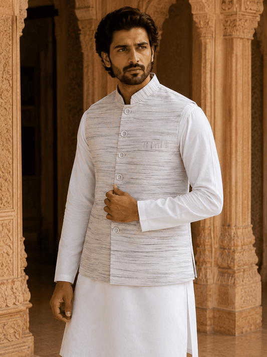 Grey Pattern White Jharna Khadi Cotton Modi Jacket | Kargham