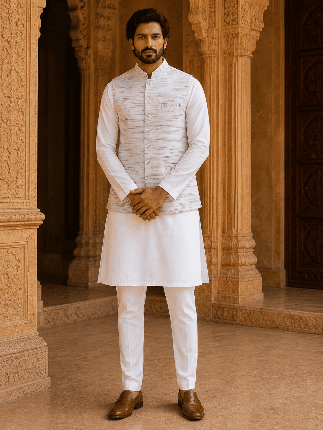 Grey Pattern White Jharna Cotton Modi Jacket | Kargham