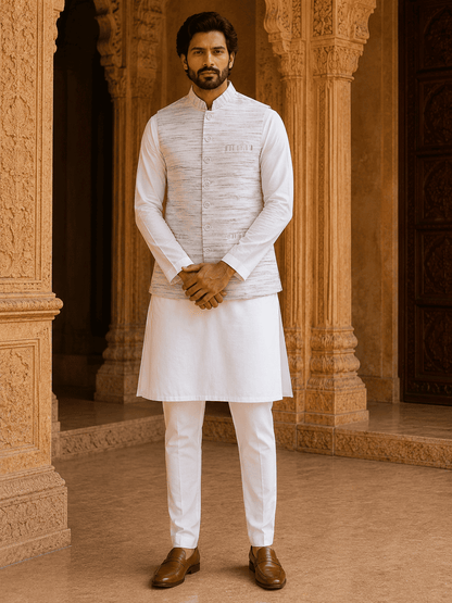 Grey Pattern White Jharna Cotton Modi Jacket | Kargham