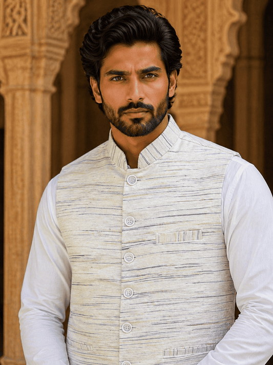 Yellow Pattern White Jharna Khadi Cotton Modi Jacket | Kargham