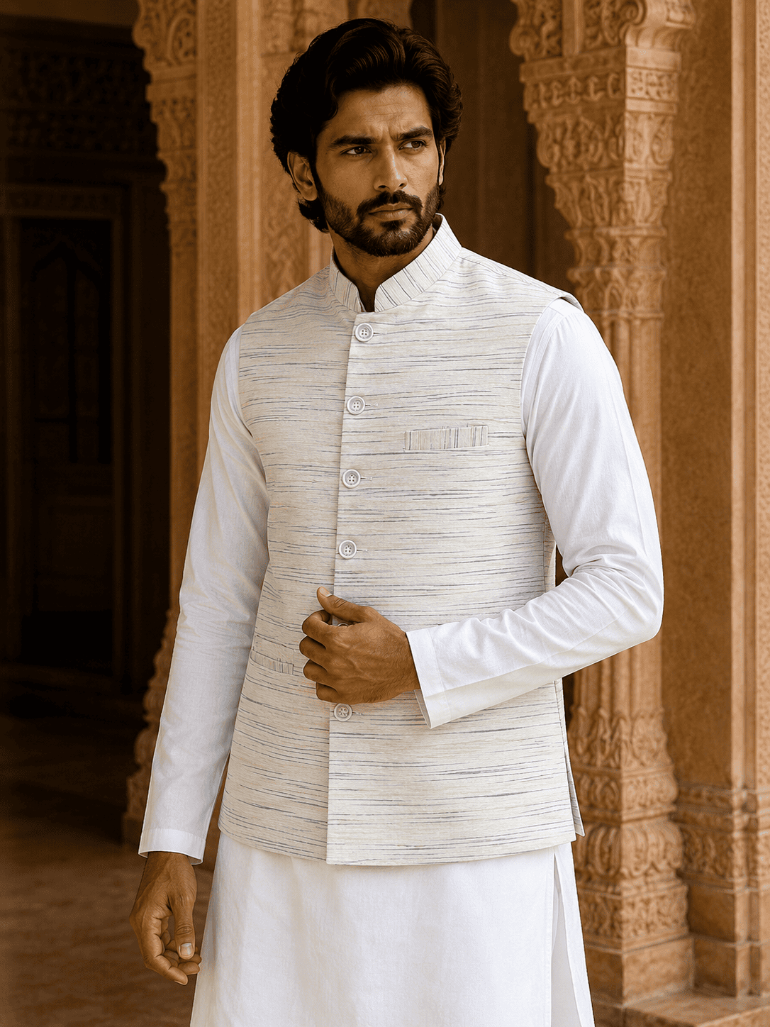 Yellow Pattern White Jharna Cotton Modi Jacket | Kargham