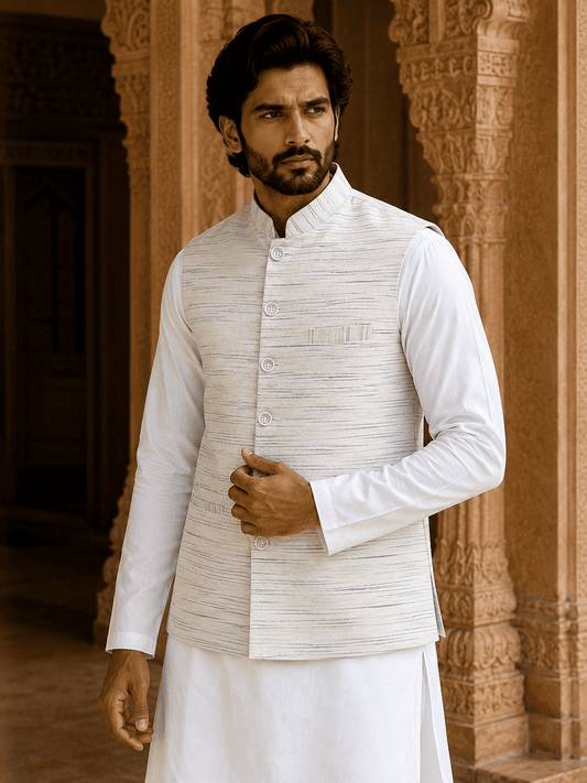 Yellow Pattern White Jharna Khadi Cotton Modi Jacket | Kargham