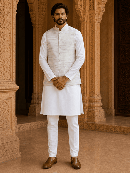 Yellow Pattern White Jharna Cotton Modi Jacket | Kargham