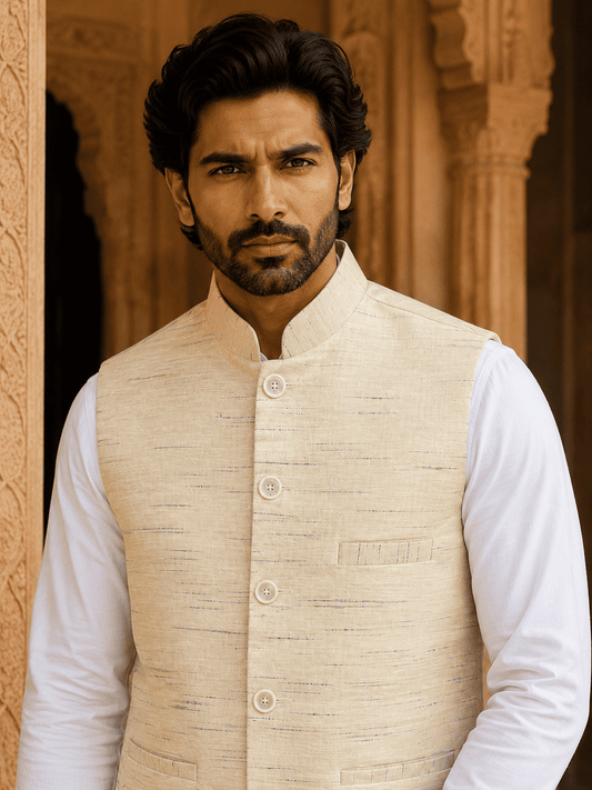 Cream Khadi Cotton Bhagalpur Modi Jacket | Kargham