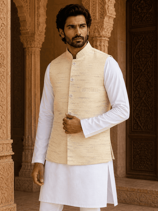 Cream Khadi Cotton Bhagalpur Modi Jacket | Kargham
