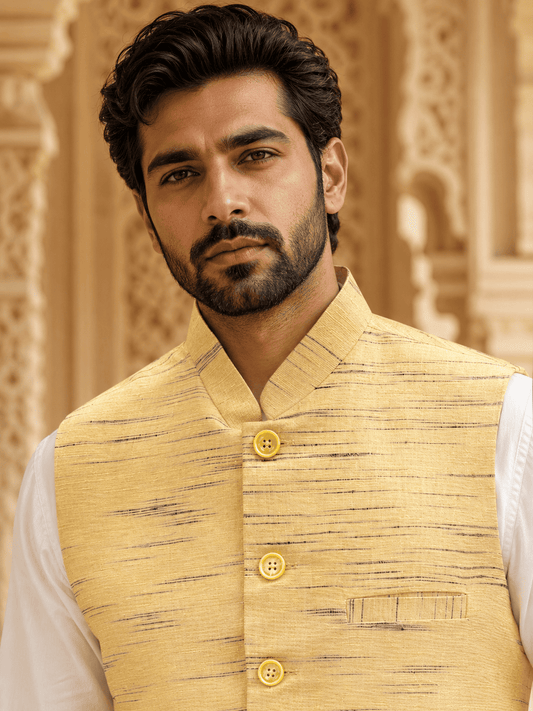 Yellow Khadi Cotton Bhagalpur Modi Jacket | Kargham