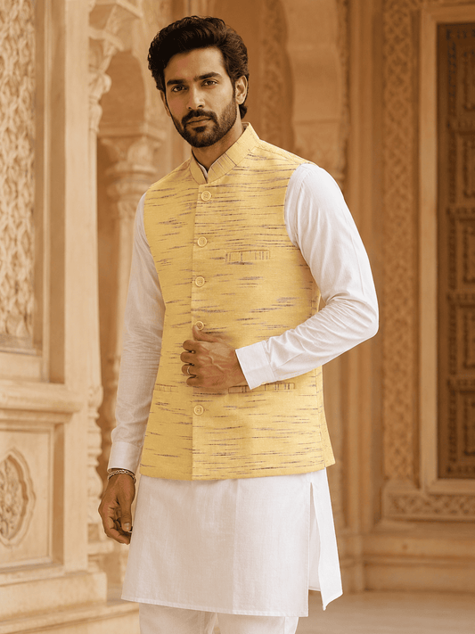 Yellow Khadi Cotton Bhagalpur Modi Jacket | Kargham