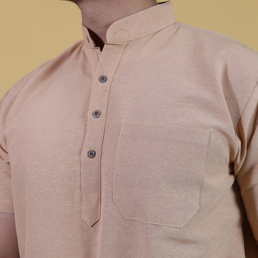 Close-up beige khadi kurta mandarin collar and pocket detail