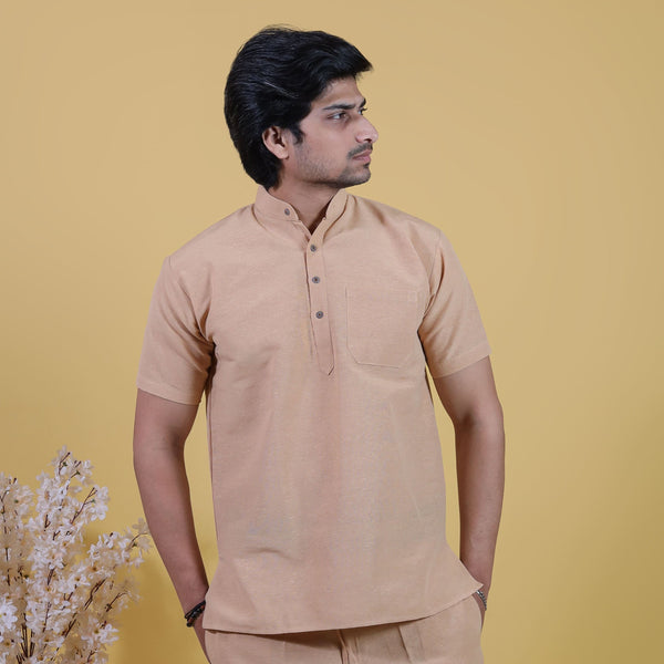 Beige solid khadi cotton short kurta half sleeves front view men