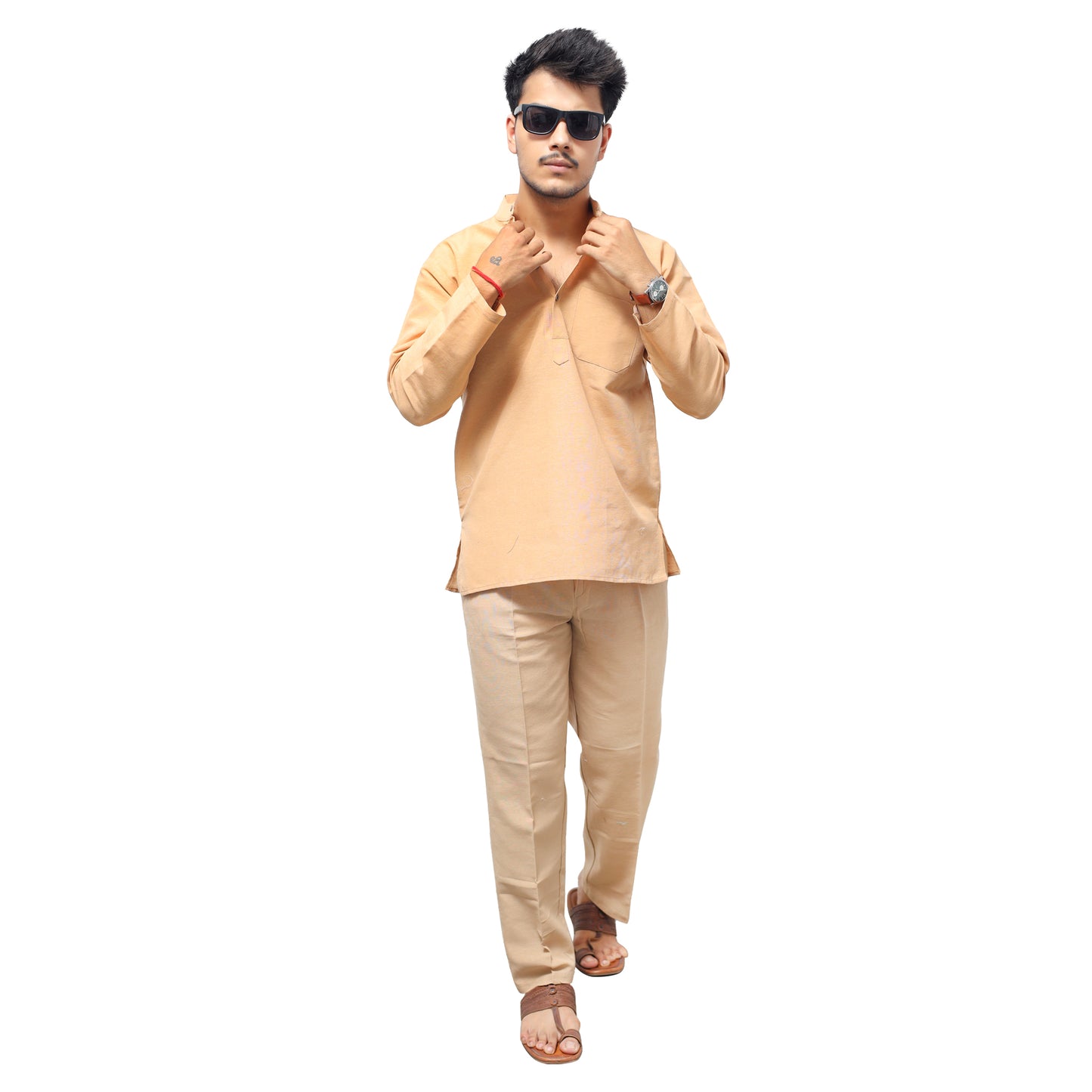 Beige Solid Full Sleeves Khadi Cotton Co ord Set For Men Front View