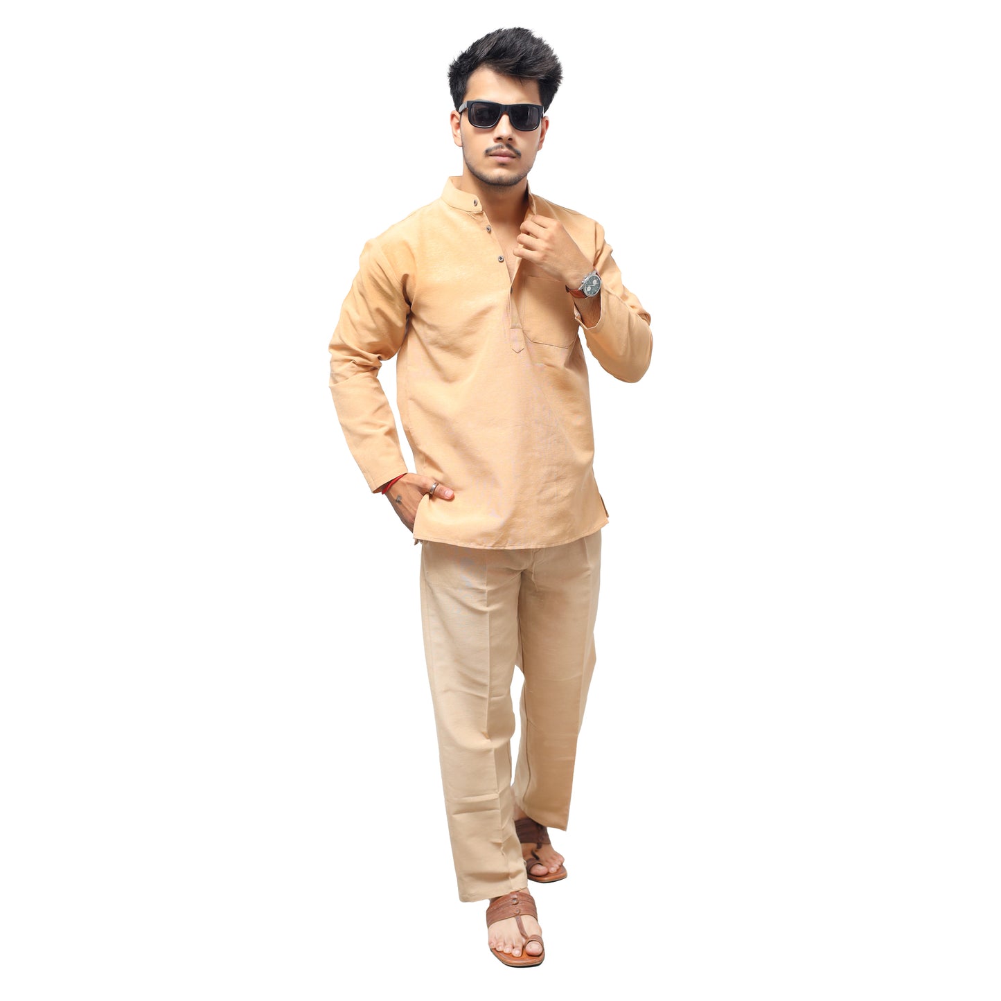 Beige Khadi Cotton Kurta Pant Set For Men