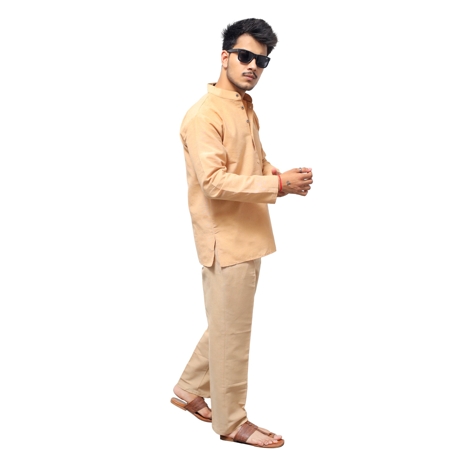 Beige Full Sleeves Short Kurta Co ord Set Side View