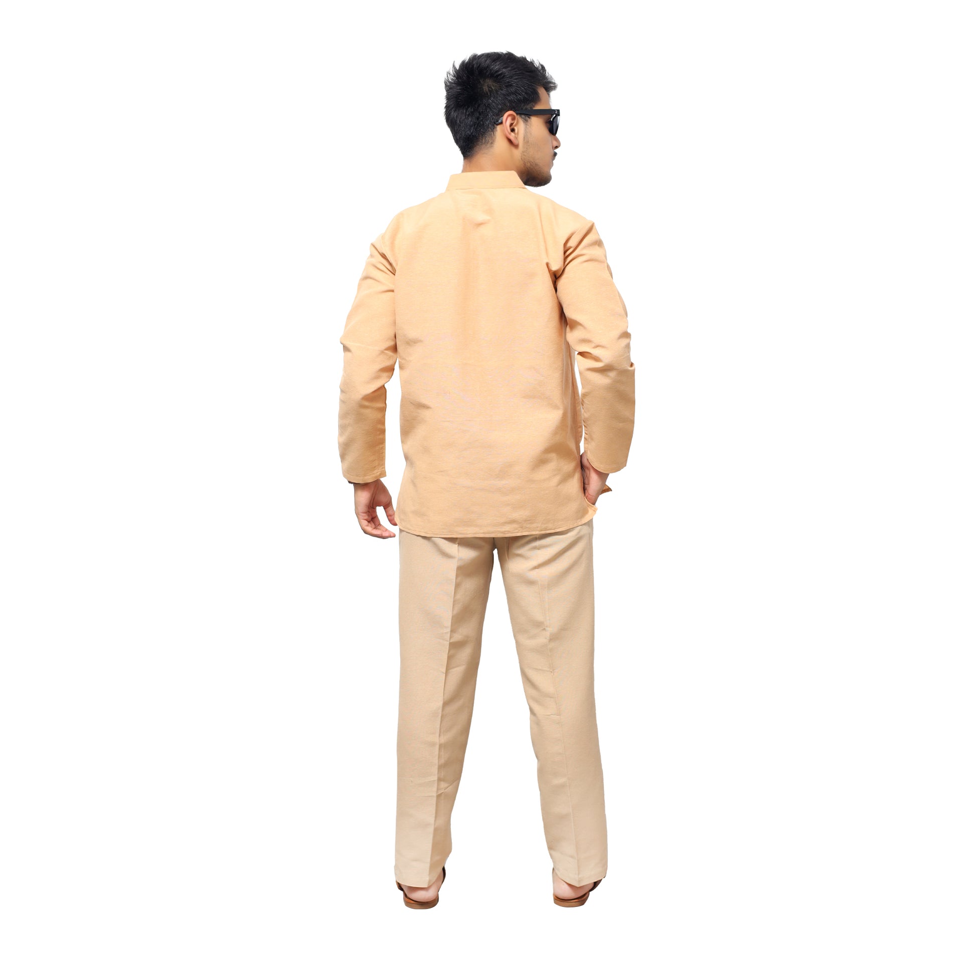 Beige Solid Co ord Set For Men Back View
